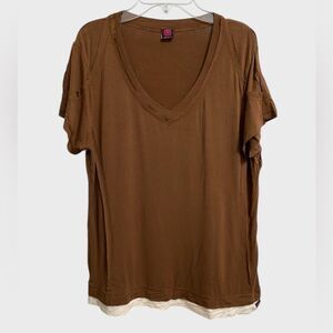 OMALA Women's Bamboo Short Sleeve Top Size L V-Neck Faux Layers Yoga Workout